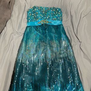 Turquoise with multi color gems prom dress